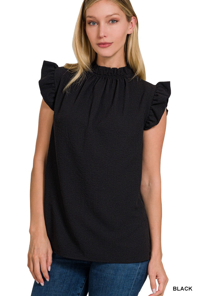CGB WOVEN BUBBLE AIRFLOW MOCK NECK TOP (BLACK)