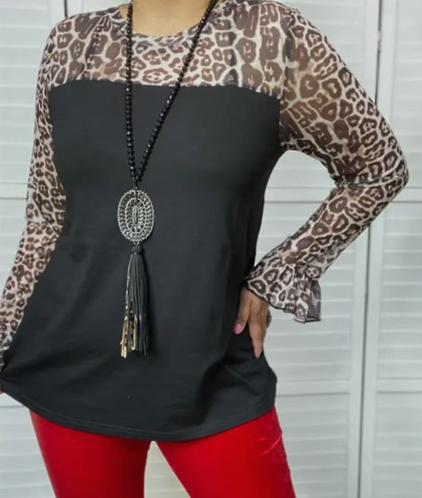 RBB Sheer Leopard Sleeve Top