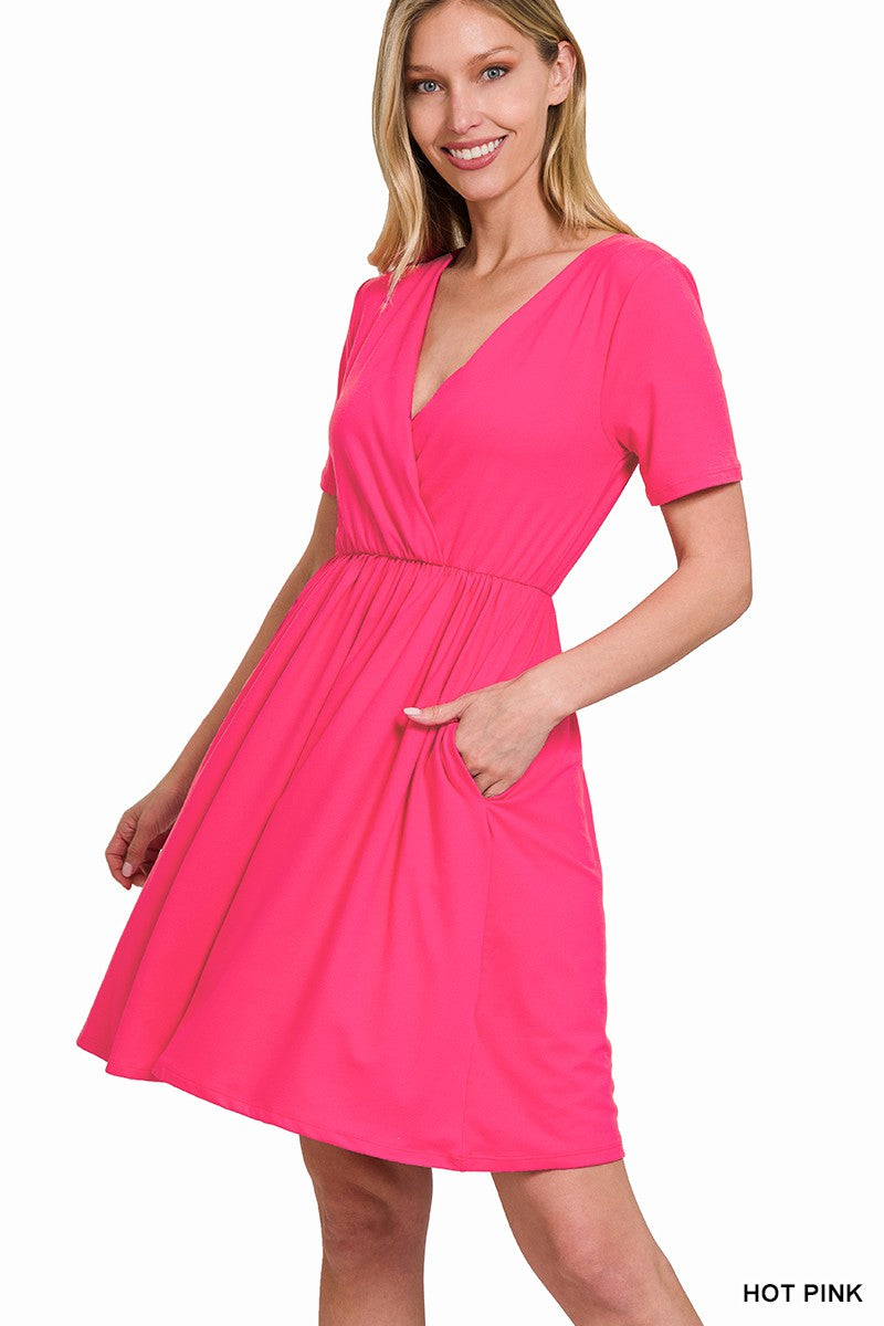 CGB BRUSHED DTY BUTTERY SOFT FABRIC SURPLICE DRESS (HOT PINK)