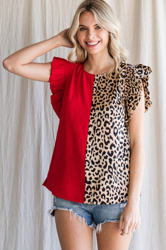 CGB Colorblock Leopard Ruffled Shoulder Top (Red)