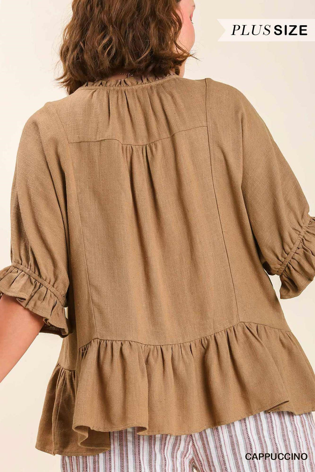 CGB Brown Linen Ruffle Top