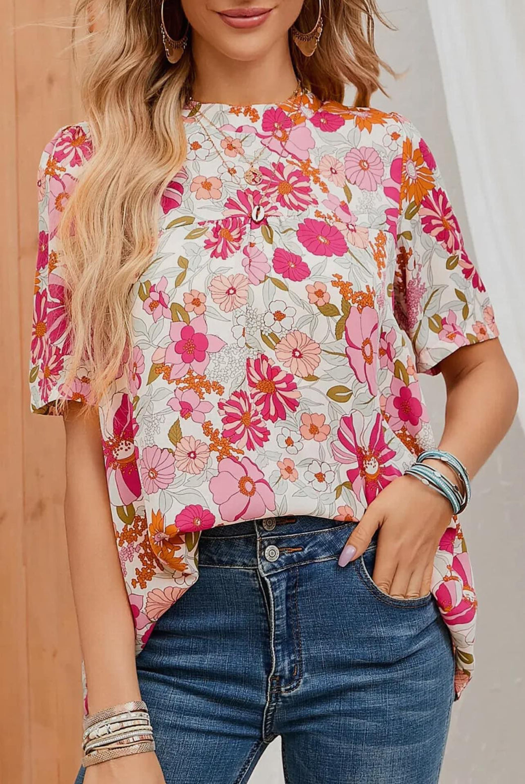 LBBB White and Pink Floral Top