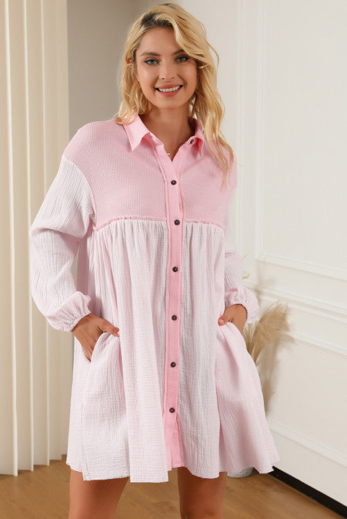 CGB Pink Button Down Puff Sleeve Dress